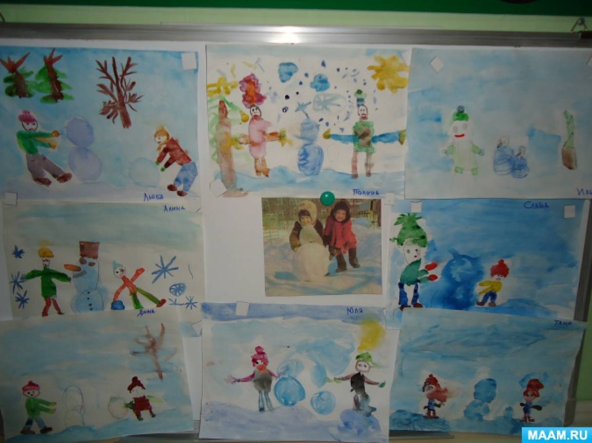 Конспект заняття з малювання «Ми ліпимо сніговика»   Програмні завдання: продовжувати вчити дітей зображати фігури людей в русі, передавати в малюнку тему;  розвивати творчість, прищеплювати бажання малювати